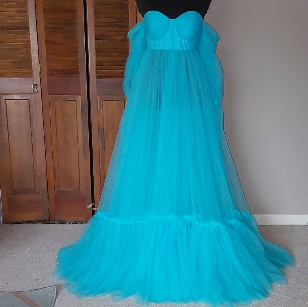 Turquoise Blue Tulle Corset Semi Sheer Photoshoot Maxi Dress Sz 6